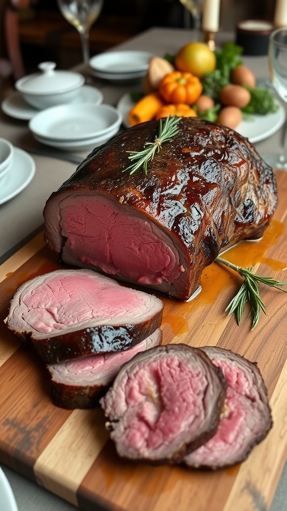 Roasted beef tenderloin on a cutting board, sliced, with herbs.